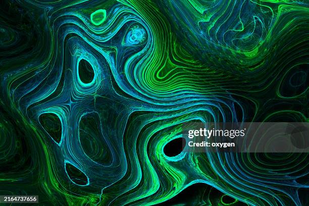 abstract green and blue swirling line art background. a captivating abstract background featuring swirling lines in shades of green and blue, creating a mesmerizing and dynamic visual effect. - psychedelisch stockfoto's en -beelden