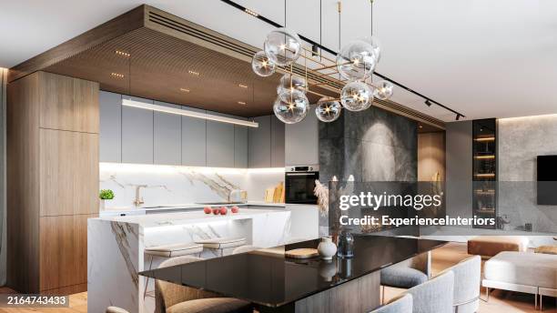 modern apartment kitchen and dining room interior - pendant light stock pictures, royalty-free photos & images
