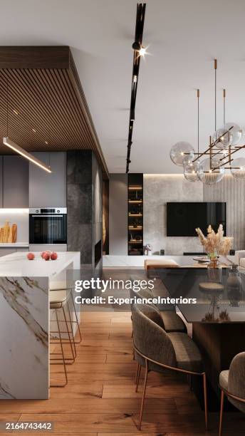 moderne einrichtung der wohnung, küche und des wohnzimmers - innenarchitektur stock-fotos und bilder