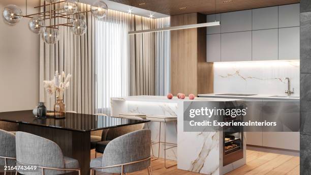 modern apartment dining table and kitchennterior - pendant light stock pictures, royalty-free photos & images