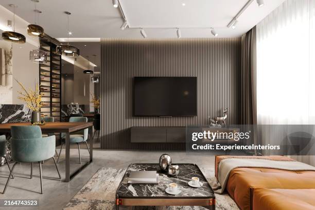 modern living room interior - wood paneling stock pictures, royalty-free photos & images