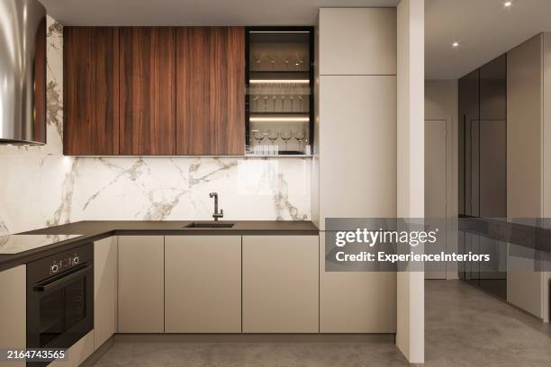 modern kitchen interior - mdf wood fotografías e imágenes de stock