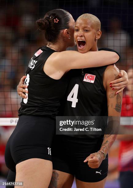 Zehra Gunes and Melissa Teresa Vargas of Team Türkiye celebrate during the Women’s Preliminary Round - Pool C match between Team Türkiye and Team...