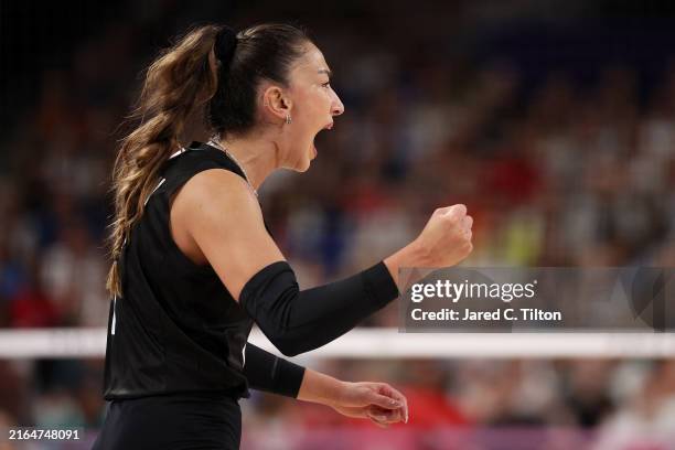 Hande Baladin of Team Türkiye celebrates during the Women’s Preliminary Round - Pool C match between Team Türkiye and Team Dominican Republic on day...
