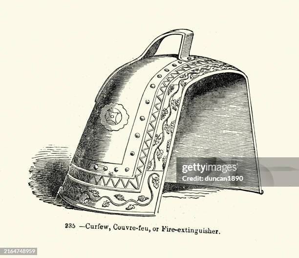 old curfew, couvre-feo, fire extinguisher, vintage illustration - curfew stock illustrations