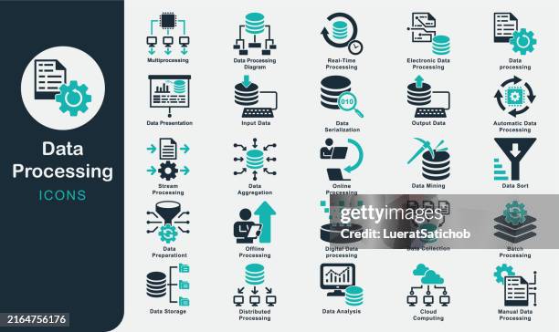 stockillustraties, clipart, cartoons en iconen met data processing solid icons collection.batch processing, real-timeprocessing, multiprocessing, output, input, data storage, manual data, cloud computing, distributed, electronic data, digital data - netwerkserver