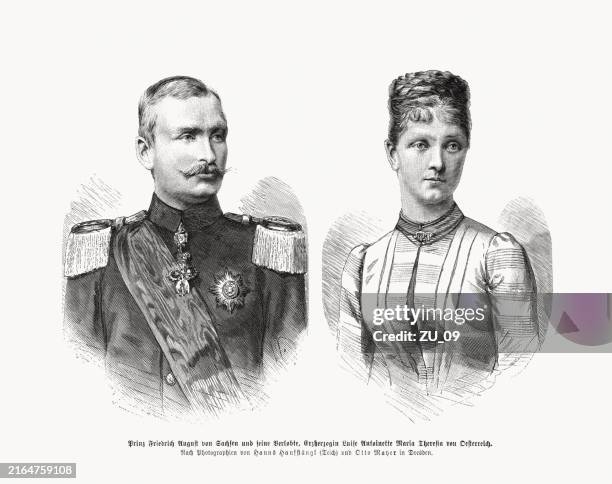 frederick augustus iii of saxony and luise, woodcuts, published 1892 - aristocracy stock illustrations