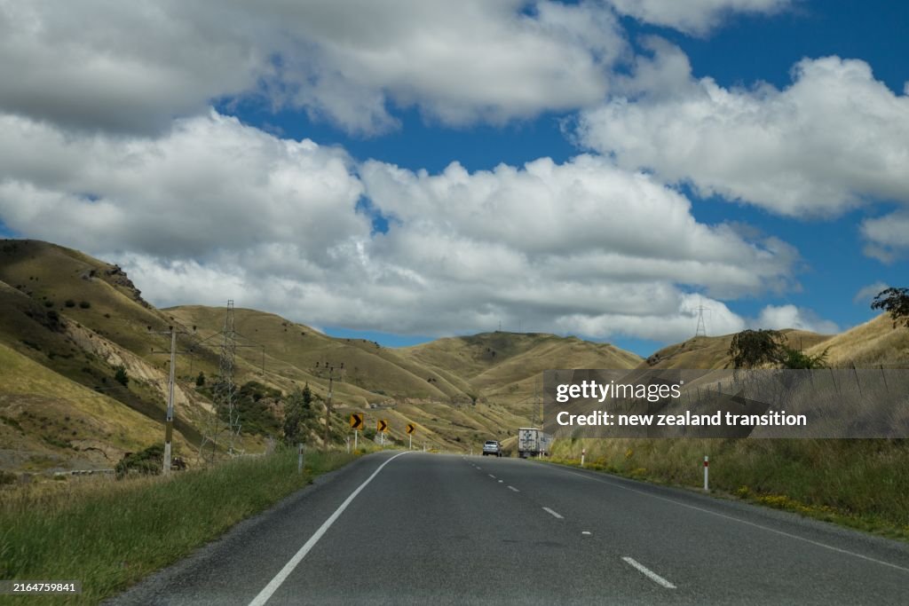 Driving through Weld Pass between Christchurch and Blenheim on a fine day in dry summer, Marlborough, NZ