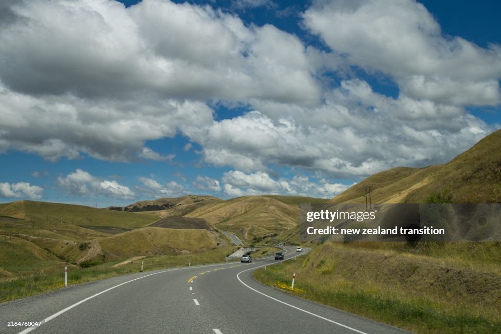 Driving through Weld Pass between Christchurch and Blenheim on a fine day in dry summer, Marlborough, NZ