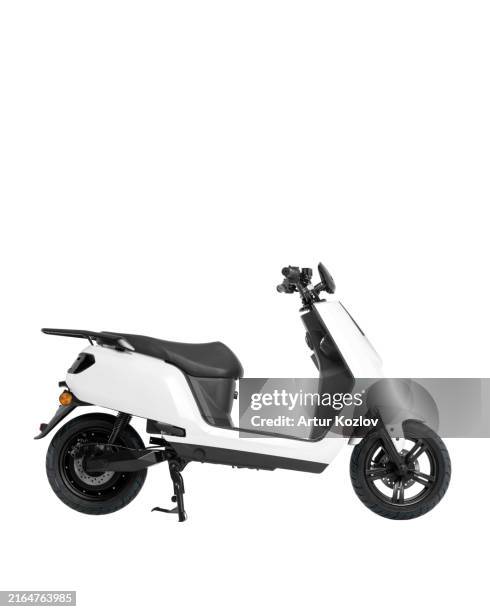 white electric scooter. modern ecological transport. side view. isolate on white background. copy space. high quality photo - motorbike racing stock pictures, royalty-free photos & images