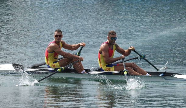 Andrei Sebastian Cornea and Marian Florian Enache of Team Romania compete in the Men's Double Sculls Final A on day six of the Olympic Games Paris...