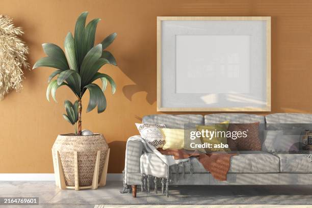 cozy beige living room with empty mock up picture frame - vase stock pictures, royalty-free photos & images