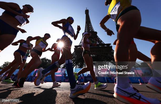 Athletes compete during the Women’s 20km Race Walk on day six of the Olympic Games Paris 2024 at Trocadero on August 01, 2024 in Paris, France.