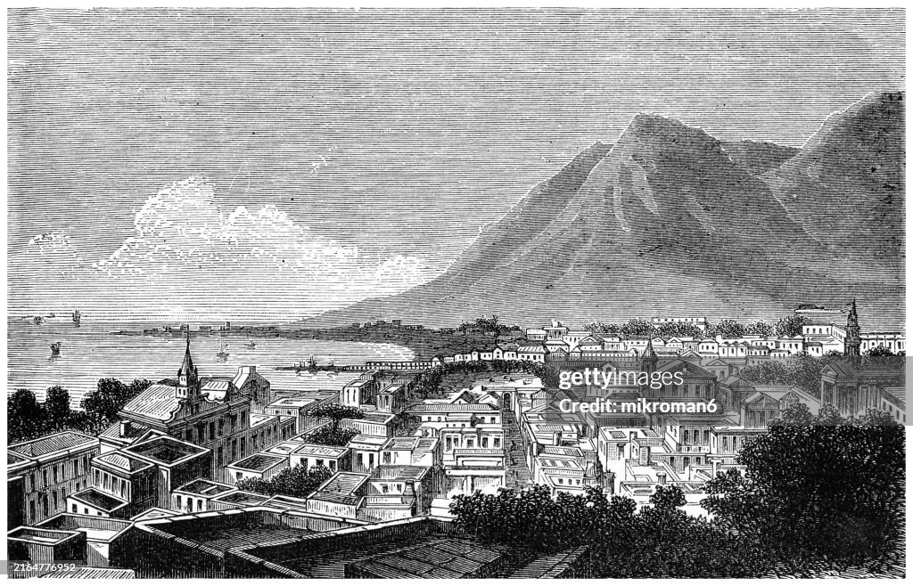 Old engraved illustration of Cape Town and Table Mountain (flat-topped mountain forming a prominent landmark overlooking the city of Cape Town in South Africa)