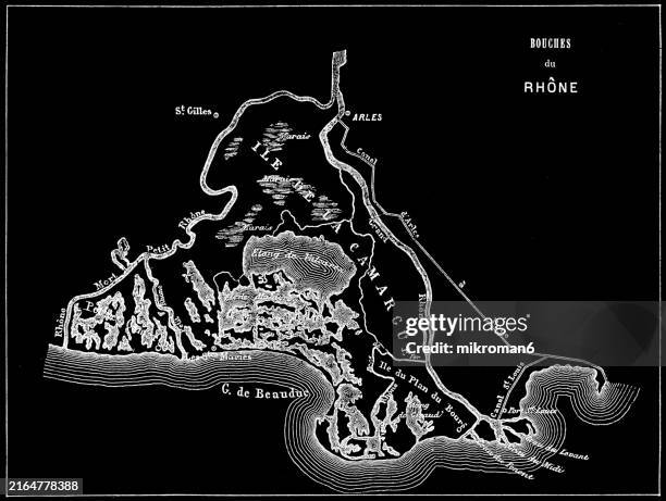 old engraved map of the rhône, a major river in france and switzerland, rising in the alps and flowing west and south through lake geneva and southeastern france before discharging into the mediterranean sea - switzerland major cities stock pictures, royalty-free photos & images