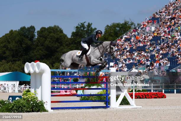 Sergio Alvarez Moya and horse Puma HS of Team Spain compete in the Jumping Team Qualifier on day six of the Olympic Games Paris 2024 at Chateau de...