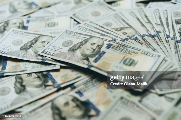 dollar banknotes, $100 dollar bills, money background - dollar photo fotografías e imágenes de stock