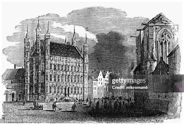 old engraved illustration of great market square (grote markt) in leuven, the capital and largest city of the province of flemish brabant in the flemish region of belgium - cultura europea occidental fotografías e imágenes de stock