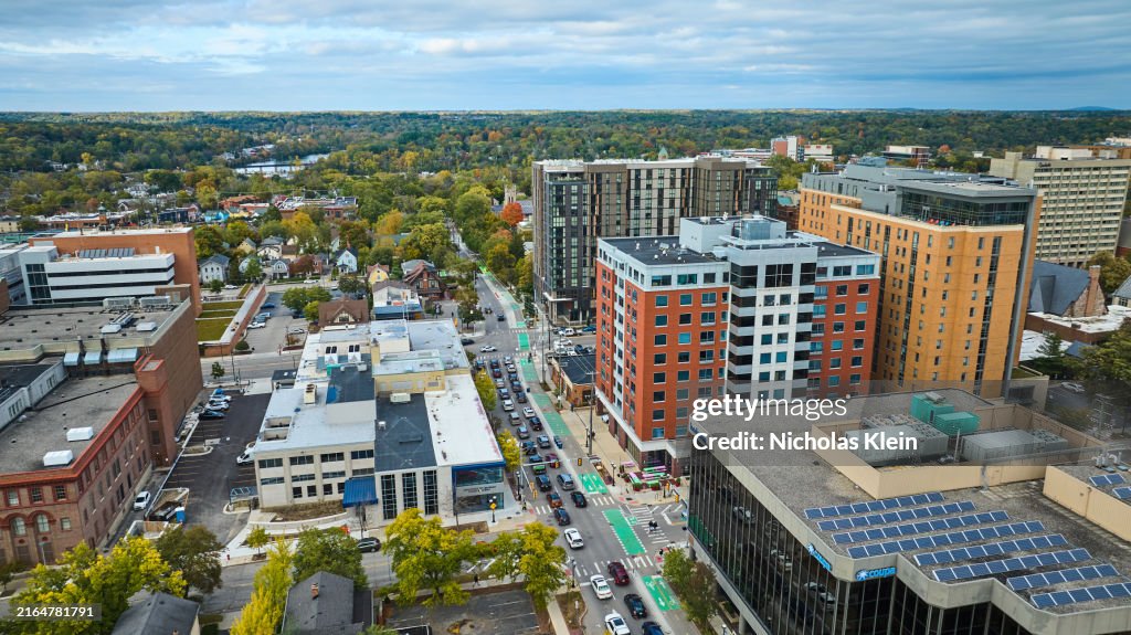 Aerial Autumn Urban Landscape with Solar Panels, Ann Arbor