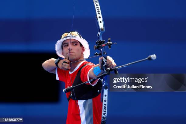 Berkim Tumer of Team Turkiye competes during the Archery Men's Individual 1/16 contest against Steve Wijler of Team Netherlands on day six of the...