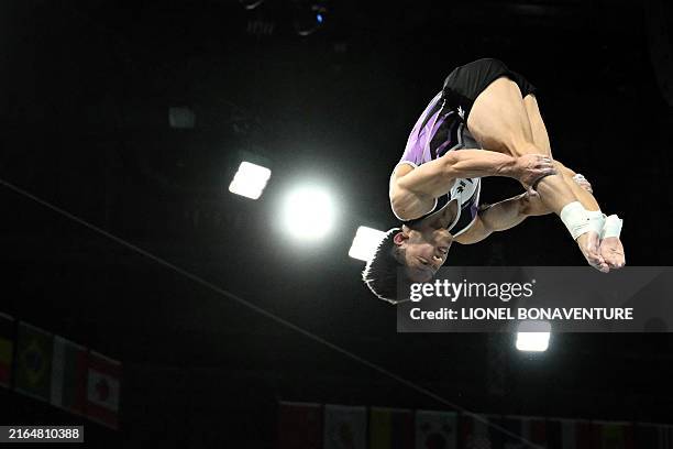 Philippines' Carlos Edriel Yulo competes in the artistic gymnastics men's vault final during the Paris 2024 Olympic Games at the Bercy Arena in...