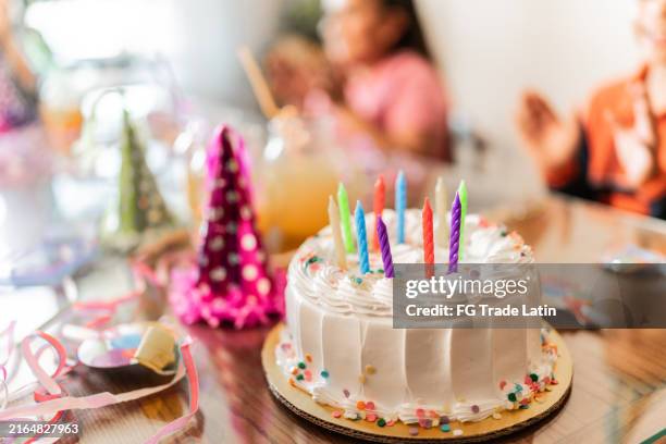 close-up of a birthday cake on the table at home - child birthday cake stock pictures, royalty-free photos & images