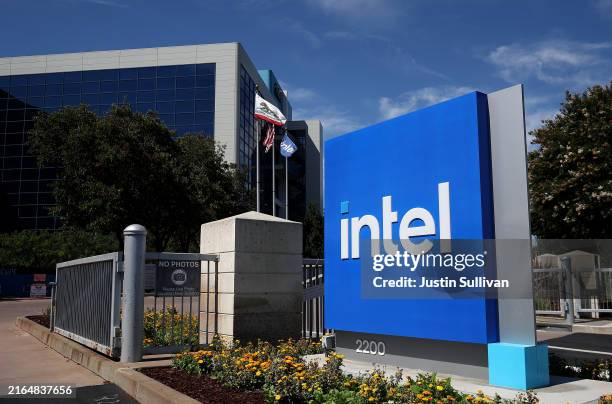 Sign is posted in front of Intel headquarters on August 01, 2024 in Santa Clara, California. Chipmaker Intel is set to lay off thousands of workers...