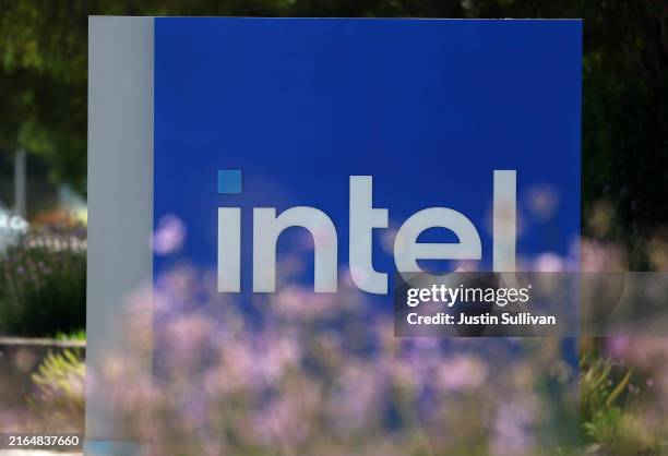 Sign is posted in front of Intel headquarters on August 01, 2024 in Santa Clara, California. Chipmaker Intel is set to lay off thousands of workers...