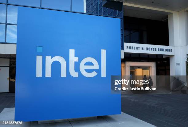 Sign is posted in front of Intel headquarters on August 01, 2024 in Santa Clara, California. Chipmaker Intel is set to lay off thousands of workers...