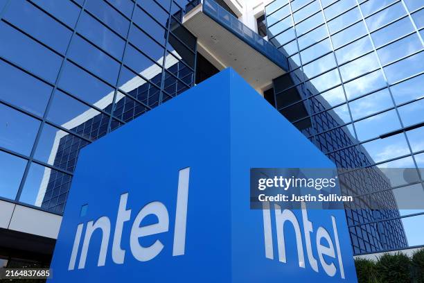 Sign is posted in front of Intel headquarters on August 01, 2024 in Santa Clara, California. Chipmaker Intel is set to lay off thousands of workers...