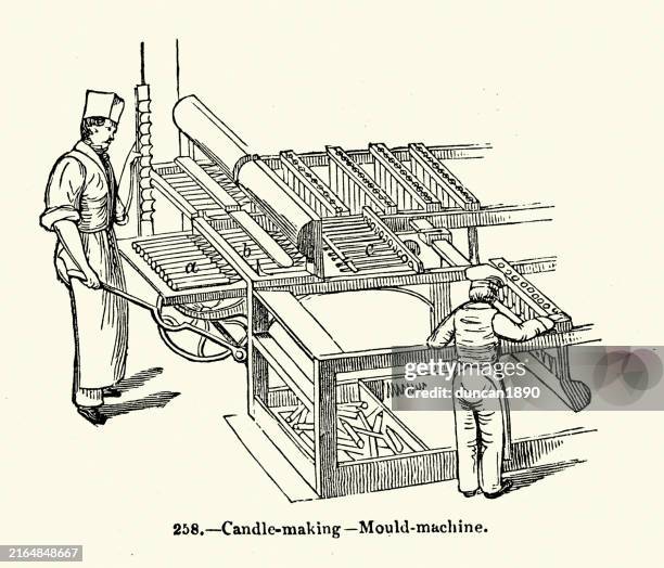 man and boy using a mould machine used in candle making, victorian, 1850s 19th century woodcut - child labour stock illustrations