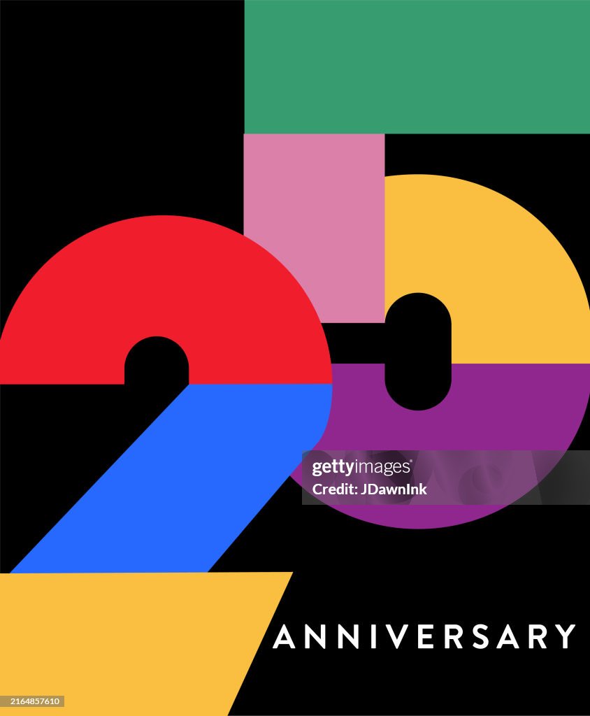 25 Year Anniversary label geometric typography design in bright colors on black background