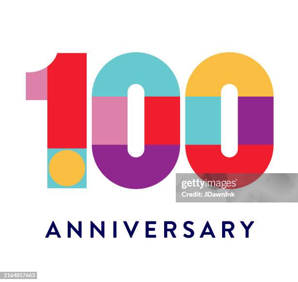 illustrations, cliparts, dessins animés et icônes de 100 ans d’étiquette typographie géométrique conception en couleurs vives sur fond blanc - centième anniversaire