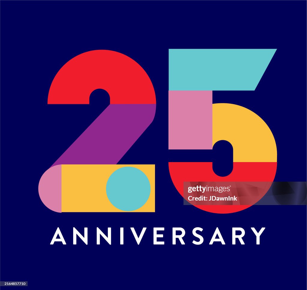25 Year Anniversary label geometric typography design in bright colors on dark blue background