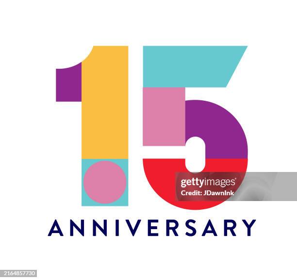 ilustrações de stock, clip art, desenhos animados e ícones de 15 year anniversary label geometric typography design in bright colors on white background - número 15