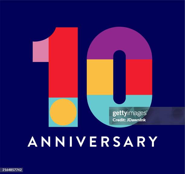 stockillustraties, clipart, cartoons en iconen met 10 year anniversary label geometric typography design in bright colors on dark blue background - 10 jarig jubileum