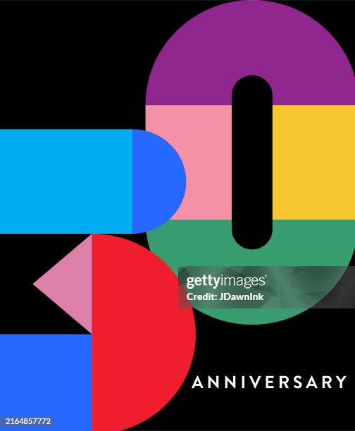 ilustraciones, imágenes clip art, dibujos animados e iconos de stock de diseño de tipografía geométrica de etiqueta de 30 años en colores brillantes sobre fondo negro - 30 anniversary logo