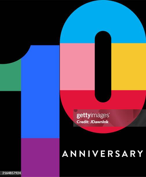 stockillustraties, clipart, cartoons en iconen met 10 year anniversary label geometric typography design in bright colors on black background - jubileum