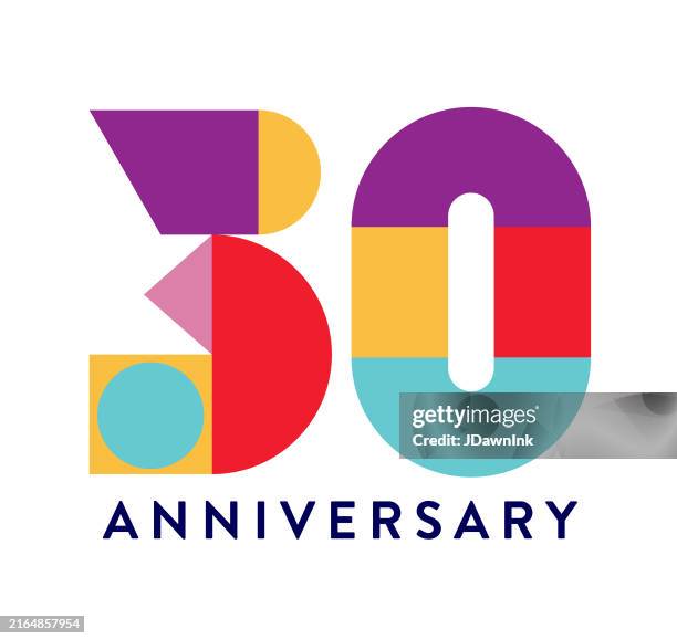 30 year anniversary label geometric typography design in bright colors on white background - 30th anniversary stock illustrations