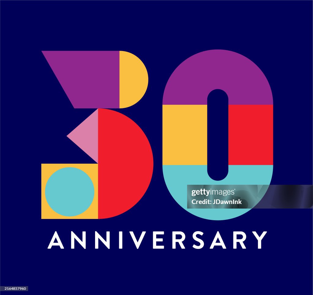 30 Year Anniversary label geometric typography design in bright colors on dark blue background