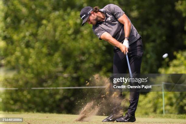 Matthew Anderson hits his tee shot on the eighth hole during the final round of the BioSteel Championship at Ambassador Golf Club on August 04, 2024...