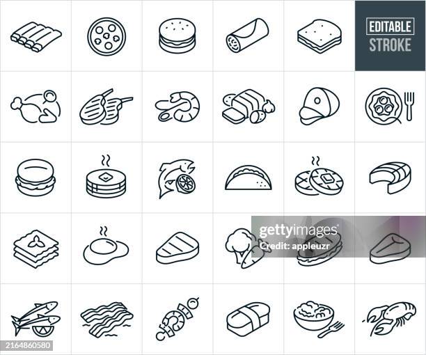 food thin line icons - editable stroke - fish taco salad stock illustrations