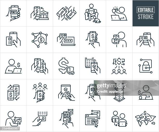 illustrazioni stock, clip art, cartoni animati e icone di tendenza di icone della linea sottile del pagamento digitale e mobile - tratto modificabile - pagamento senza contatto