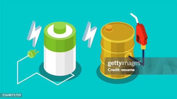 traditionelles heizöl, erdölenergie vs. moderne elektrische energie, isometrische benzintanks vs. zapfsäulen vs. batterieladung - diesel-kraftstoff stock-grafiken, -clipart, -cartoons und -symbole