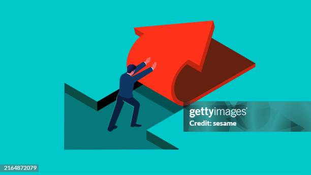 stockillustraties, clipart, cartoons en iconen met change of form, reversal, plan vs. change, change in search of better opportunities, isometric traders pushing out another arrow inside an arrow in the opposite direction - onafhankelijkheid begrip