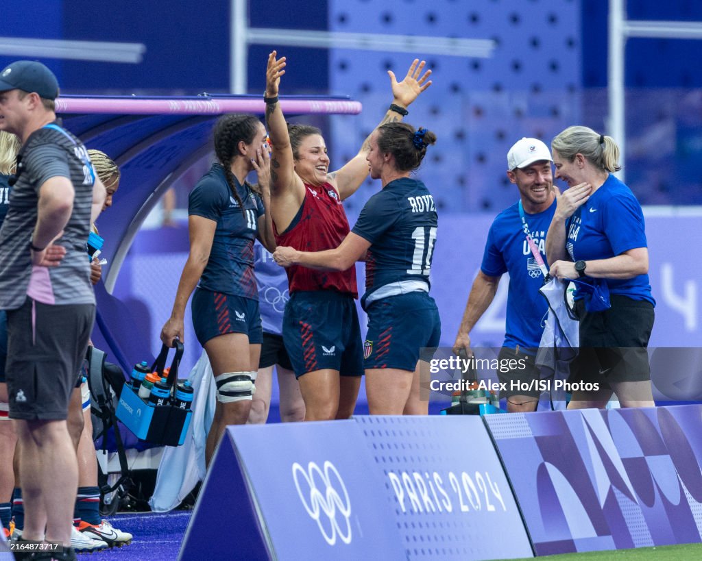 Steph Rovetti Rugby Traveling reserve Nicole Heavirland celebrates with Steph Rovetti of ...