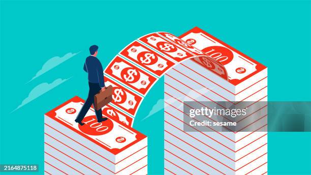 money bridges, business or career support, help or keys to success, solving financial or fiscal problems, equidistant money bridges help business people go from one pile of money to another pile of money - bridging the gap stock illustrations