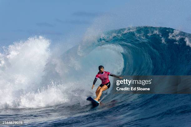 Johanne Defay of Team France rides a wave during the quarterfinals of surfing on day six of the Olympic Games Paris 2024 on August 01, 2024 in...