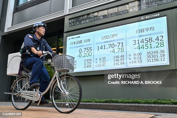 Man cycles past a display board showing the closing numbers after record losses on the Tokyo Stock Exchange, along with the yen-US dollar rate ,...