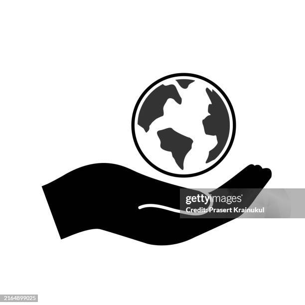 hand support globe symbol. world icon vector - cable world stock pictures, royalty-free photos & images